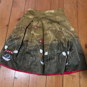 Mauve Olive Green Embroidered A-Line Midi Skirt with Red Trim